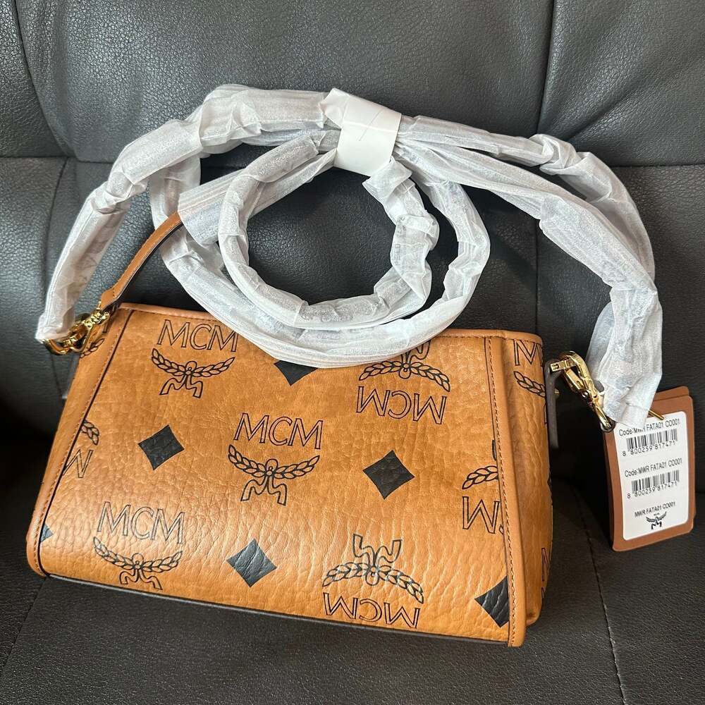 MCM Visetos Cognac Crossbody Baguette Bag
